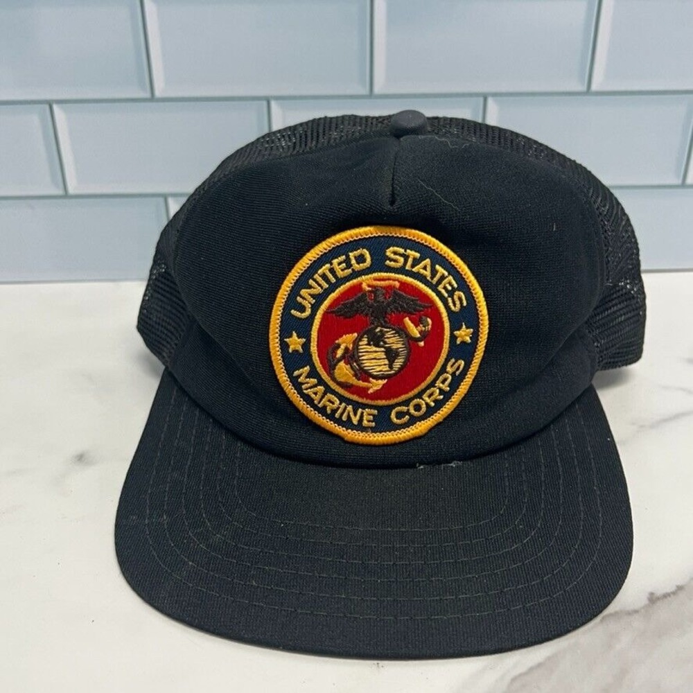 US Marine Corps Veteran Trucker Hat Cap Snapback Black‎ Patch Made in USA